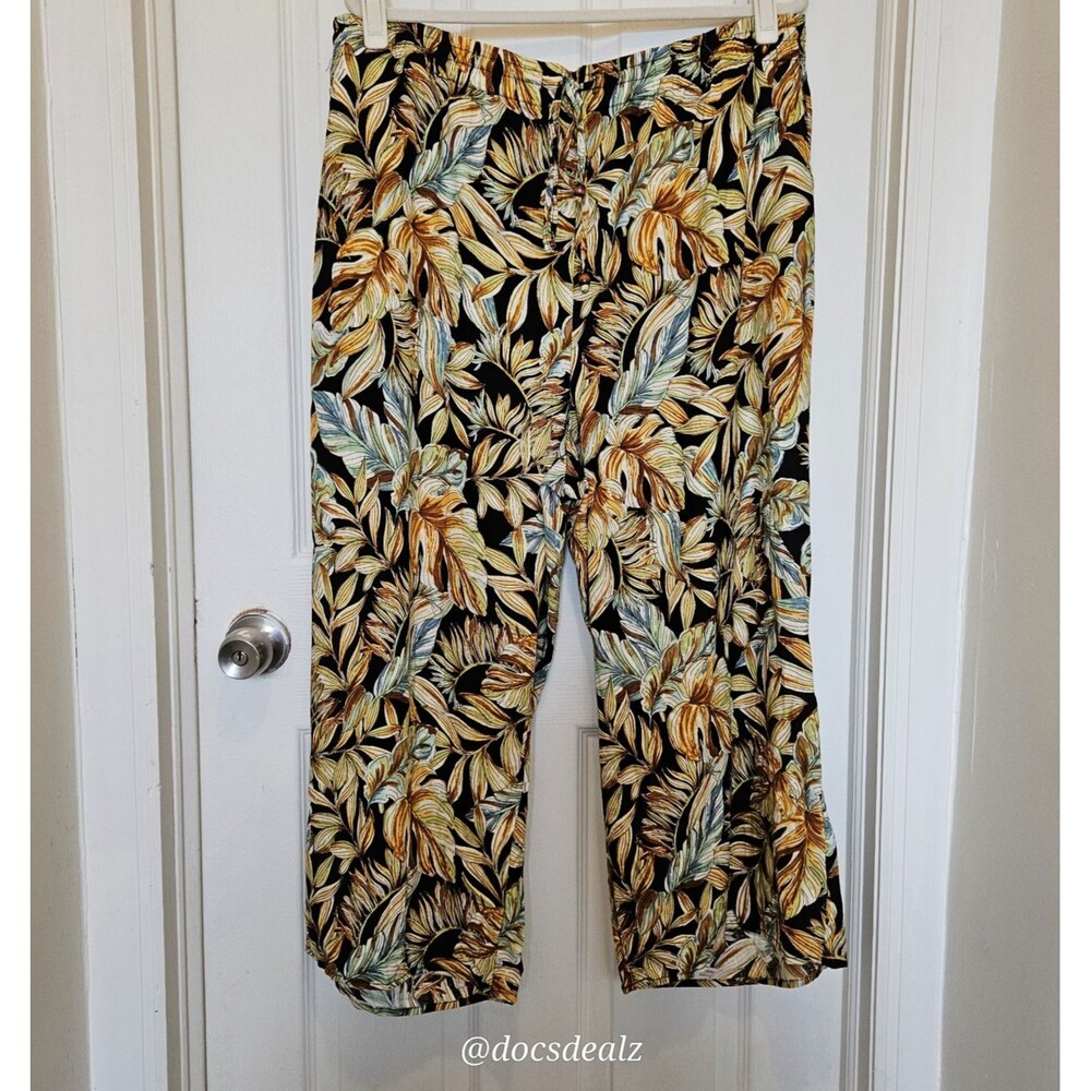 Panama Jack Flowy Linen Wide Leg Pants Jungle Theme Black Brown Women's 2X